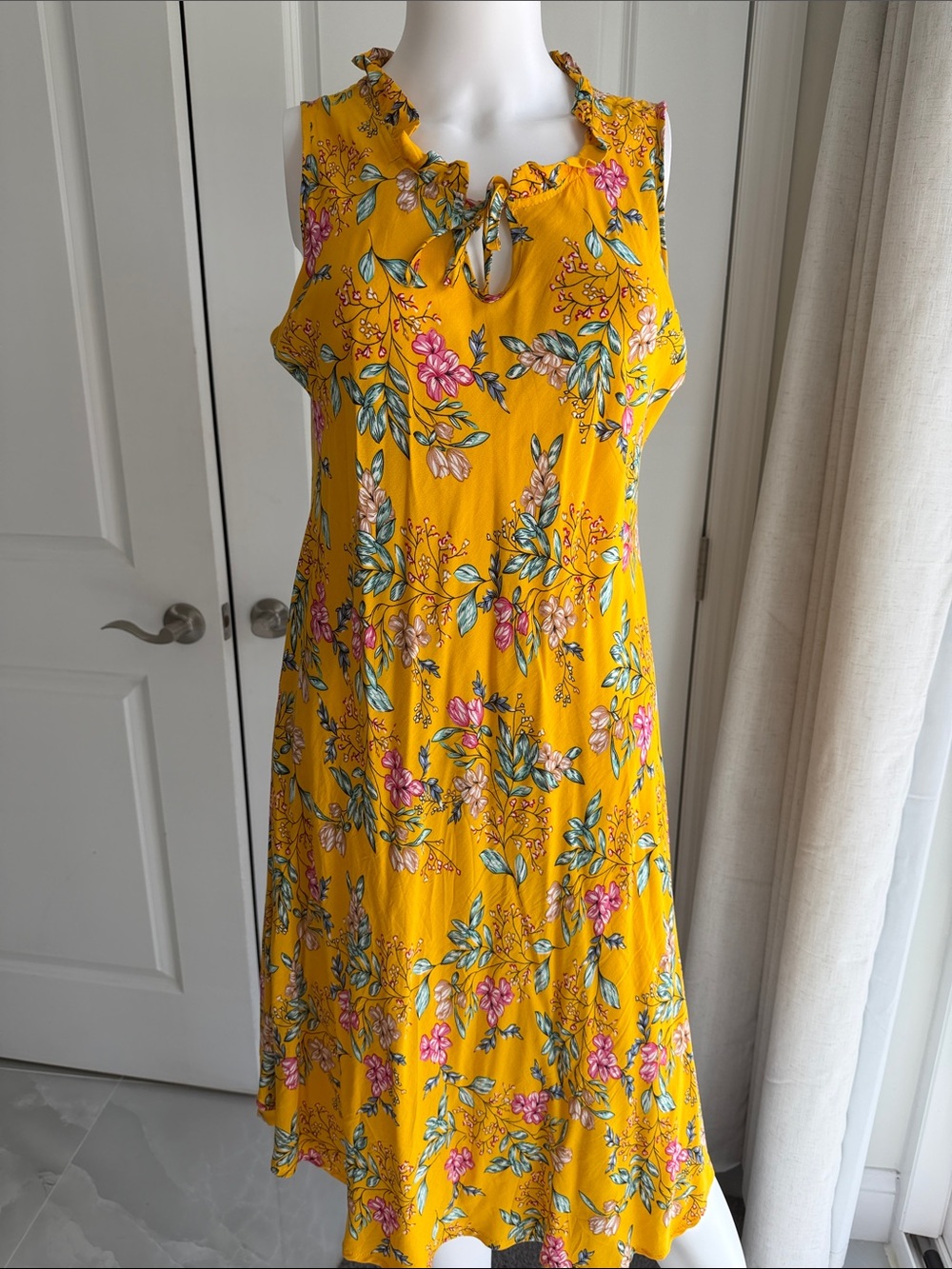 Seven Islands Yellow Floral Sleeveless Ruffle-Trim Dress